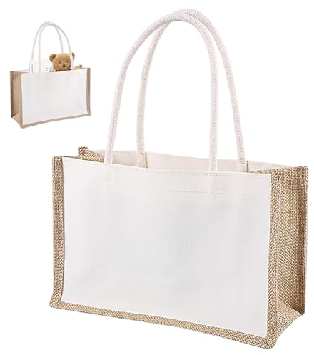 Hessian Bags Shopping Bags Tote Beach Bags Natural Reusable Jute Sacks Burlap Jute Tote Bags with Cotton Handles Reusable Shopping Grocery Bag for Picnic Travel Shopping Beach And Daily Life