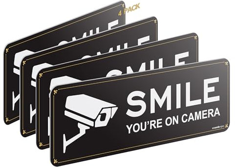 Smile Your on Camera Signs 4 Pack 9 x 3.1 Acrylic Camera Signs for Home Security, Include Adhesive Backing