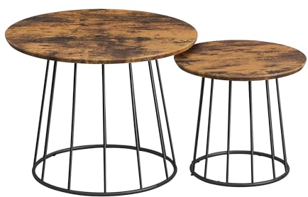 VASAGLE Coffee Tables, Set of 2 Round Side Tables, Modern Style, Steel Frame, for Living Room, Bedroom, Rustic Brown LCT045K01