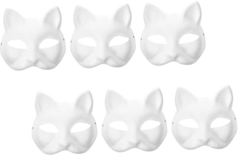MAGICLULU 6 Stück Weiße Katzenmasken Therian-Masken Pappmaché-Kunstmasken Tierhalbgesichts-Bastelmasken Diy-Leermasken Maskerademasken Mardi Gras Halloween Cosplay Partyzubehör