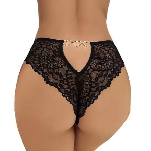 ROSVAJFY Damen Sexy Spitzen String Höschen Niedrige Taille Dessous Unterhosen Frauen Hollow Out Hipster Panties Rücken Herz Ring Tanga Atmungsaktive Unterwäsche(Schwarz, L)