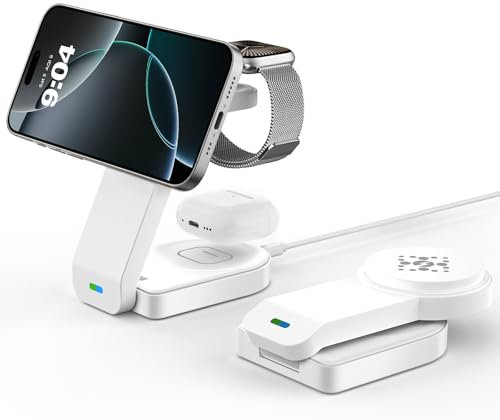 GLILAVOX Magnetic foldable Wireless Charger for Apple,3 in 1 Wireless Charging Station for iPhone 16 15 14 13 12 etc,Apple Watch,AirPod Pro 4 3 2(White)