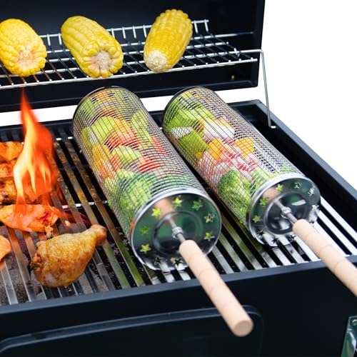 LANEJOY Paniers de Grillage Enroulable Emboîtables (2 pièces,24,2 x 10,9 cm), Accessoires de Barbecue pour Grill Extérieur pour légumes, Barbecue Panier Cadeau