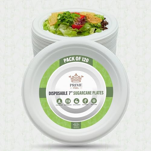 PRIME FEEL 7 Inch (18cm) Disposable Paper Plates [120 Pack] - 100% Compostable Sugarcane Plates, Heavy-Duty & Eco-Friendly for Parties, Events, BBQs, Camping & Picnics