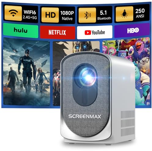 SCREENMAX C7 Mini Projector WiFi Bluetooth, 1080P Supports Video Projector Electronic Focus Keystone Correction, Mobile Phone Projector Home Cinema Compatible with iPhone/Android/Laptop/TV Stick