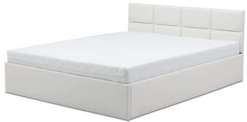 Mebligo - Polsterbett Kunstleder 180x200 mit Bettkasten, Doppelbett mit Lattenrost, Schlafzimmer Bett mit Bonellmatratze und Kopfteil, Stauraumbett Monos, Bett mit Matratze - Weiß