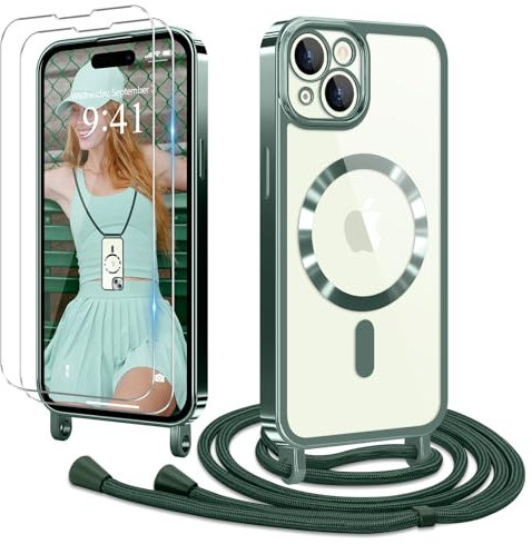 Ethanger Coque pour iPhone 15 avec Cordon de Collier + 2×Verre Trempé, Coque Transparente Silicone Bumper Etui Housse avec Cordon Réglable, Coque Magnétique pour iPhone 15 Vert