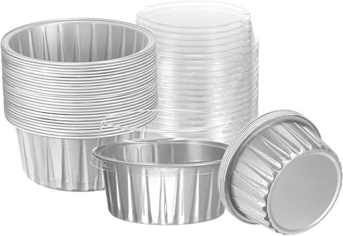 HARFINGTON 50 Stück Backförmchen mit Deckel, 142 ml, Aluminiumfolie, Mini-Einwegbehälter, Tassenhalter, Boxen, Pfannen für Dessert, Hochzeit, Party, silberfarben