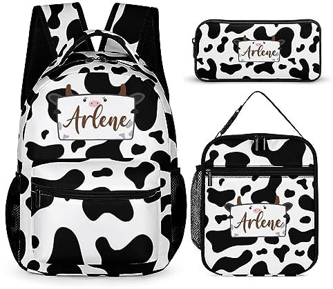 SweetJECCU Mochila de mariposa personalizada con lonchera y juego de estuche, juego de 3 mochilas escolares personalizadas, Vaca, L, Mochila con fiambrera