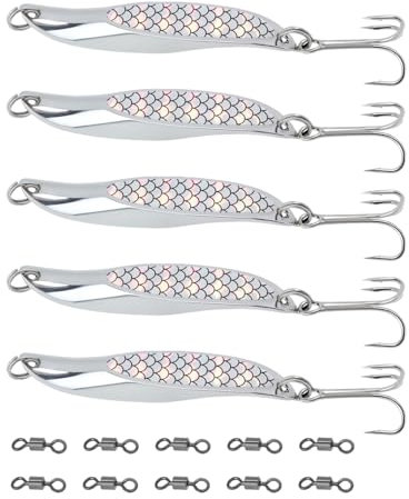 SG Store 5 señuelos de pesca de mar de metal plateado de 65 mm, anzuelos triples con 10 pivotes de fundición para lubina, caballa, trucha, pez azul, lucio, salmón, 21 g