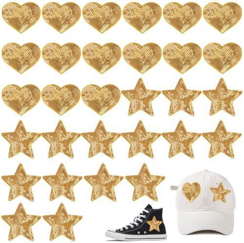 30 Pcs Iron on Patches for Clothes, AIFUDA Sequin Gold Star Patches & Heart Patches, Rhinestone Applique Glitter Star Iron on Patches for Hats Clothing Bags Jeans Repair Decoration