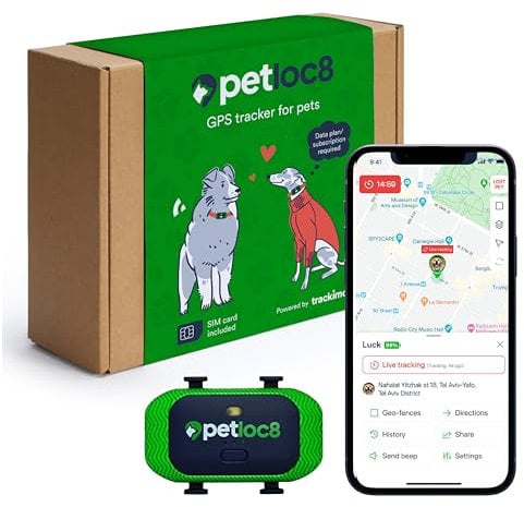 PETLOC8 Hunde GPS Tracker mit Smart Alerts & Geo-Fence - Echtzeit-Standort-Halsbandgerät mit App, eingebetteter SIM, wasserdicht & leicht, bis zu 14 Tage Akku (Android & iOS)