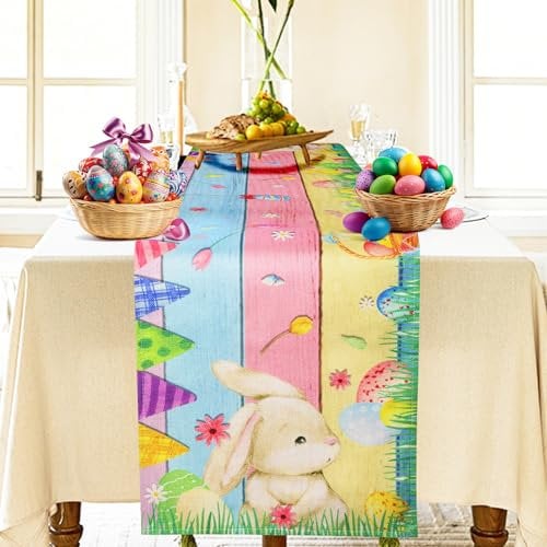 Bigqin Ostern Tischläufer, 183 x 33 cm Frühling waschbares Hasen Ostereier Table Runner, Saisonnal Tischband Soft Grün Osternsläufer Tischdeko für Ostern Esszimmer Party Dekoration