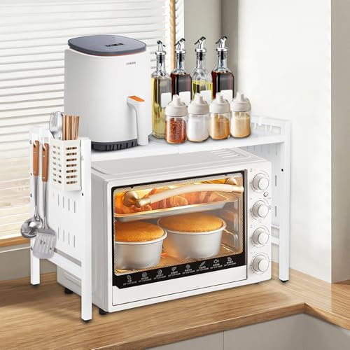 HUOLE Soporte Extensible para Microondas, Estante Microondas Cocina Encimera de Acero al Carbono, Soporte Microondas Cocina Estante de Almacenamiento,-42-68 * 36 * 46cm-blanco