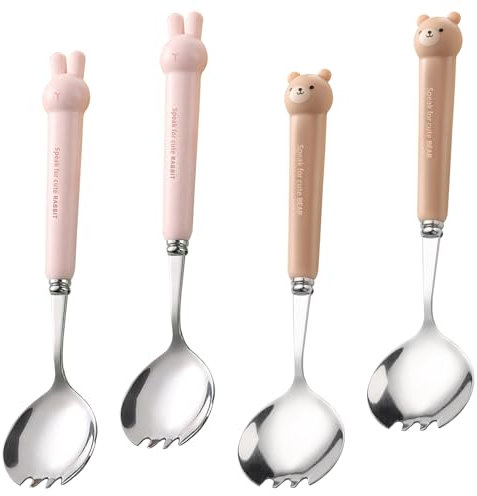 Ancuioyz Salatbesteck Edelstahl, Löffel Salat Besteck Salatbesteck Steakgabel Servierlöffel Edelstahl, Salatbesteck Salatbesteck Set Salatgabel Esslöffel Ramen Löffel (4 Karikatur)