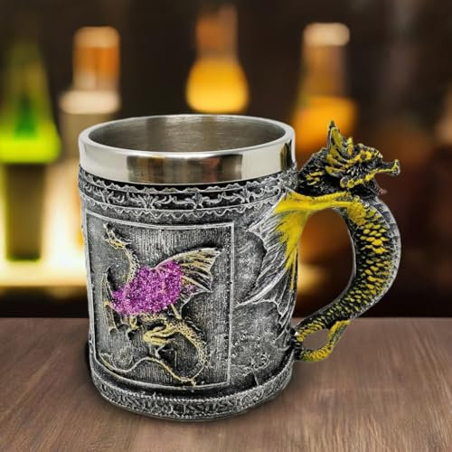 Fantasy Dragon Tankard Mug with Stainless Steel Liner – Gothic Medieval Style Drinking Cup – Resin Dragon Handle – Glitter Purple Detail – Unique Gift for Men, Women, Cosplay, Halloween, LARP