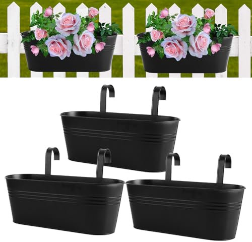 APACALI 3Pack Large Hanging Plant Pot, 40cm Over Fence Planters, Balcony Planters for Railing with Detachable Hooks, Hanging Flower Pots Fence Planters for Home Decor, Black, 4 Drainage Holes