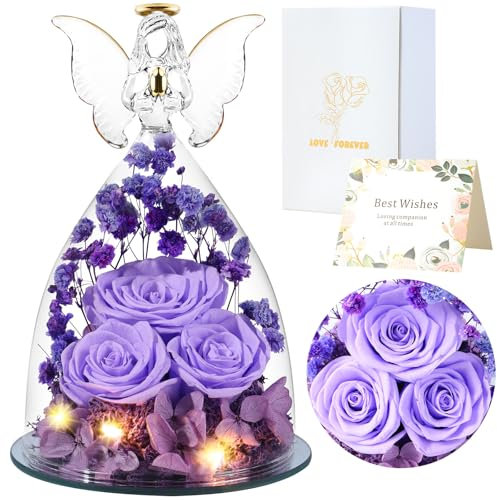 Cadeaux de Roses Eternelles pour Femmes, Cadeau Femme Roses Préservées dans des Figurines d'ange en Verre, Anges de Fleurs pour Maman Grand-mère, Epouse, Sœur, Petite Amie (Violet Clair)