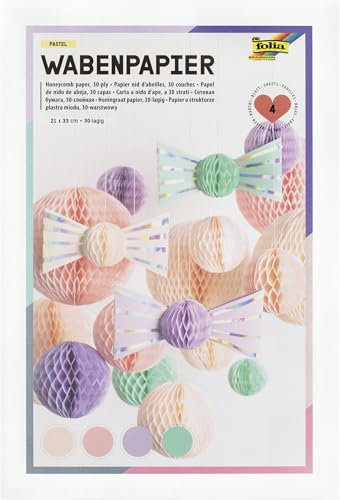 folia 461-19 - Wabenpapier PASTEL, 21 x 33 cm, Bastelpapier mit Wabenstruktur in 4 Farben, 30-lagig, zum Gestalten bunter Waben-Deko