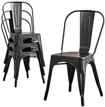 TTATC Juego de 4 Sillas de Comedor de Metal, Aptas para Interior y Exterior, Apilables, para Cocina, Balcón y Restaurante, Negro