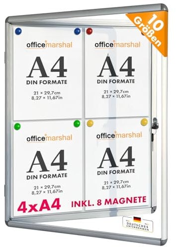 OfficeMarshal Schaukasten 4xA4 inkl. 8 Magnete Infokasten Aushang Aushangkasten Magnetische & beschreibbare Rückwand Plakatschaukasten mit Alurahmen