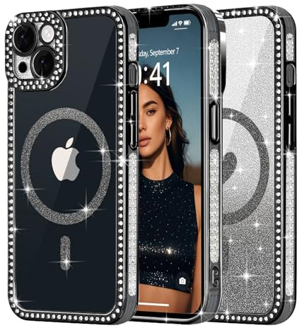Ethanger Magnetic Glitter Case for iphone 13, Bling Border, Black | Compatible with MagSafe, Sparkle Rhinestone Border, with Removable Glitter Insert, Protective Shockproof for Women Girls