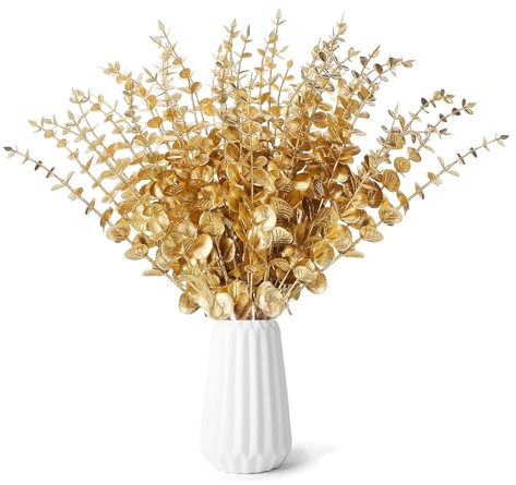 Wekuw 24 Eucalipto Artificial Ramas Secas Decorativas Preservado Eucalipto Artificiales 38cm Planta Natural para Flores Secas Decoración de Bodas Hogar Arreglo Floralecoración Oficina (Oro)