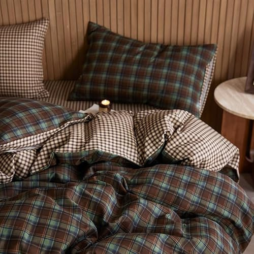 Housse de Couette 200x200 à Carreaux Vert Marron et 2Taies d'oreiller 65x65 | Parure de lit Adulte 2 Personne avec Fermeture Éclair Moderne Sets de Housse en Microfibre