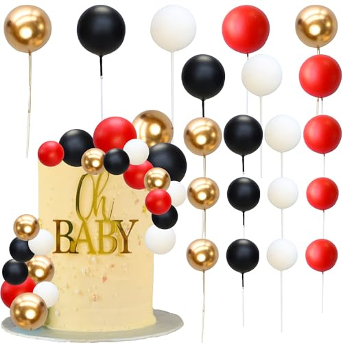 Ephlyn 32Pcs Ball Cake Topper Foam & Wire Decorations Mini Balloons Cake Topper Sticks for Wedding Party Birthday Cake Decorating Gold White Black Red