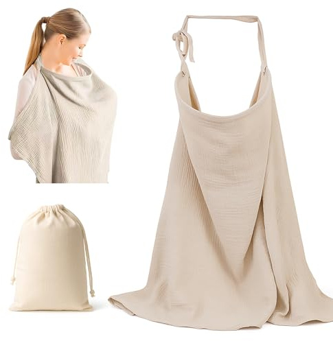 kelav Stilltuch für Unterwegs mit Baumwollbeutel, Stillschal mit Verstellbarem Halsband 75x95cm, Stillbezug aus Atmungsaktivem Musselin für Öffentliche Plätze (Khaki)
