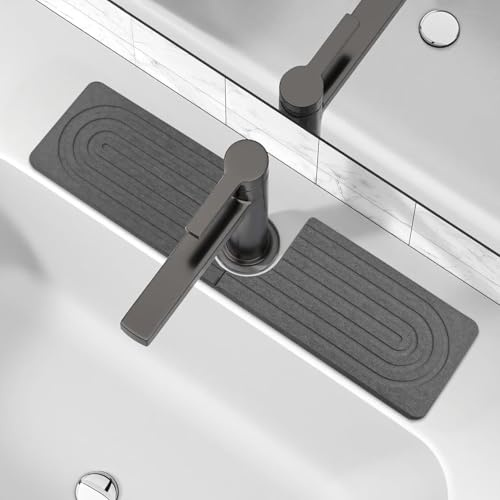 WZYTEU 2 Stück Wasserhahn Matte Abtropfmatte für Küchen Spüle, Abtropfmatte Spüle mit Silikon Seifenschale, Diatomit Schneller Trocknungsstein für Küche und Bad Counter (Dunkelgrau, 40x10cm)