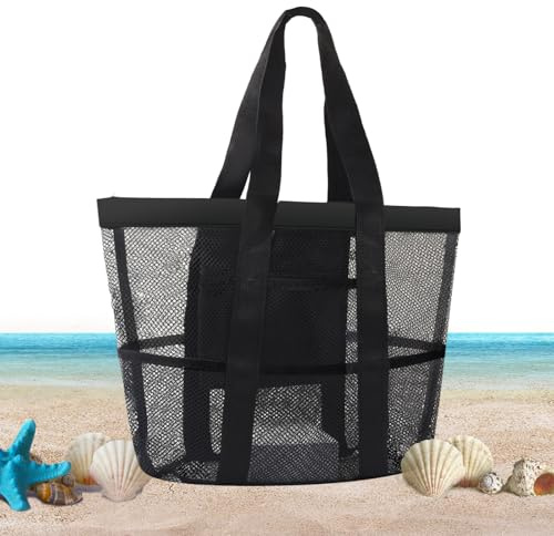 Cheynn Große Netz Strandtasche, Faltbare Netztasche Familie Mesh Badetasche Sandspielzeug Tasche mit Wasserdicht Taschen Schwarz Handtaschen für Strand Reise Urlaub Fitness