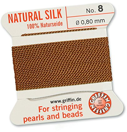 GRIFFIN 100% Natural Silk Beading Cord String Thread - Carnelian Orange Brown - 2 metres with one needle - Size 0.80mm