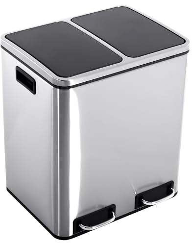 Raburg, Mülleimer, 2 x 15 L, rechteckiger Treteimer, Abfalleimer Küche, mit 2 Deckel und Pedalen, 2 x getrennte Inneneimer, hygienisch, langsam schließend, Charly, Edelstahl satiniert