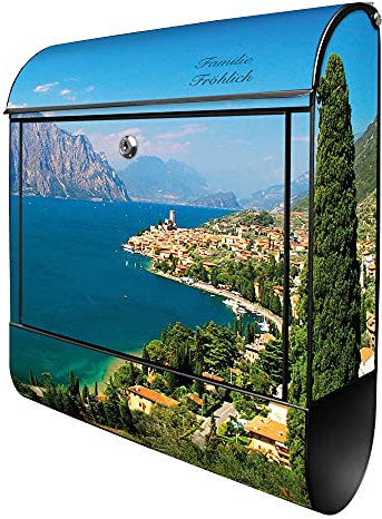 banjado® Design Briefkasten personalisiert Gardasee 38,5x46,5x13cm & 2 Schlüssel - Briefkasten Stahl schwarz Zeitungsfach pulverbeschichtet - Postkasten A4 Einwurf inkl. Montagematerial
