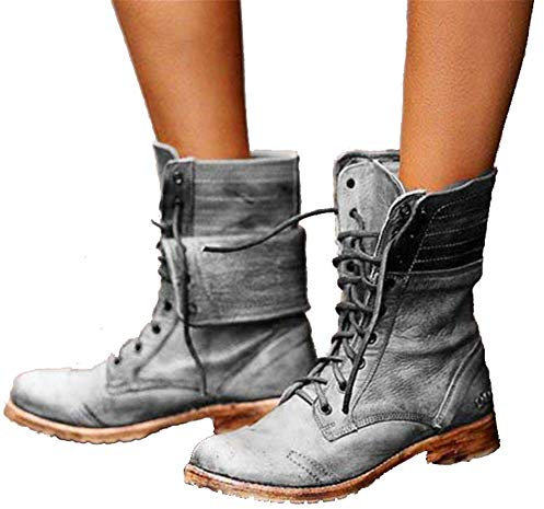 HOAPL Botas De Combate Vintage para Mujer Botas De Media Pantorrilla Botas Tácticas Militares del Ejército Zapatos De Cordones Altos Zapatos De Motocicleta De Motorista De Vaquero,Gris,37