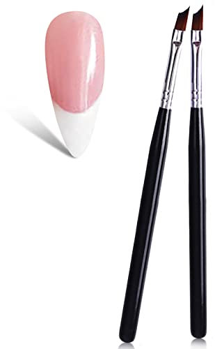 Oblique Head French Tip Nail Brush Black Handle UV Gel Acrylic Painting Drawing Pen Pack of 2