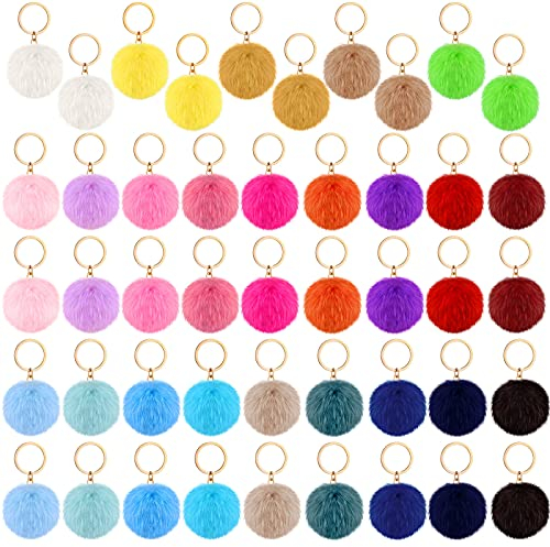 46 Stück Pompons Schlüsselanhänger Kunstfell Ball Schlüsselanhänger flauschige Kaninchen Kunstfell Pompons Schlüsselanhänger für Frauen Mädchen Tasche Zubehör, Mehrfarbig, 8 cm