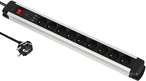 Electraline 35431 Alu-Line Bloc Multiprise (9 Prises + 3 USB type A 3.A) avec Corps en Aluminium, Câbles 3G1.5mm, 2M, ON/OFF Switch, Noir
