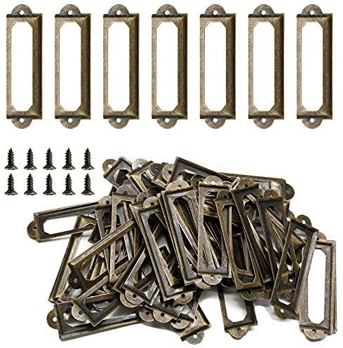 Qjaiune Etikettenhalter aus Metall für Bibliothek, Aktenschrank, Etikettenrahmen mit Schrauben, Kartenanhänger, Etikettenhalter für Büro, Schubladen, Regale (Antik-Bronze, 60 x 17 mm), 50 Stück