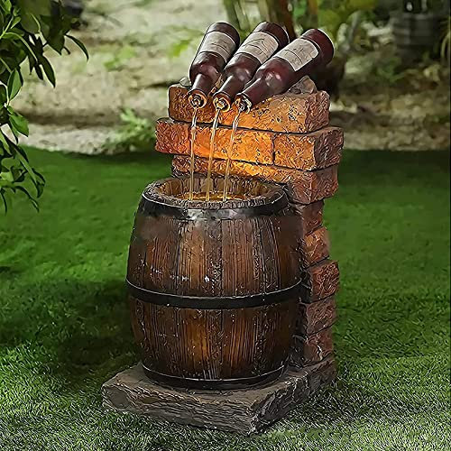 Bouteille De Vin En RéSine Et Fontaine D'extéRieur En Tonneau Avec LumièRe Led,Ornements De DéCoration De Pelouse De Cour De Jardin D'eau à Circulation Automatique,Statue D'eau Sous Pression (A)