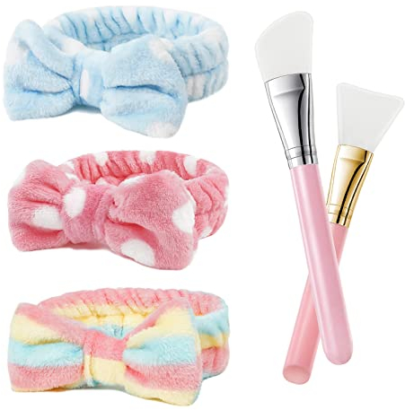 URAQT Makeup Haarband, 3 Stücke Damen Kosmetik Stirnband mit 2 Stücke Silikonpinsel, SPA Haarreif für Gesichtsreinigung Schönheit Yoga (B)