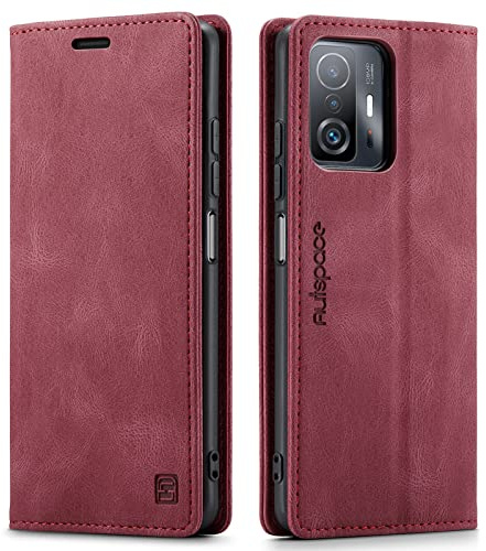 LOLFZ Handyhülle für Xiaomi 11T / Xiaomi 11T Pro, Vintage Dünne Schutzhülle RFID Schutz Kartenfach Standfunktion PU Leder Magnetische Klapphülle Kompatibel mit Xiaomi 11T/11T Pro - Rot