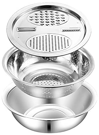 Rallador de cocina multifuncional, juego de coladores de acero inoxidable para rallador de queso, cortador de verduras y lavado de frutas, con tazón de mezcla y escurridor (3 en 1) (28 cm)