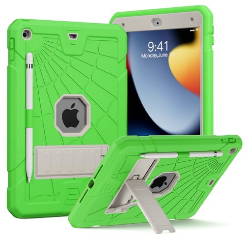 Herize Coque pour iPad 10.2 9ème/8ème/7ème Génération avec Porte-Stylo | Coque iPad 10.2 2021/2020/2019 pour Enfants | Coque Rigide Antichoc avec Support pour iPad 9/8/7 - Vert & Blanc