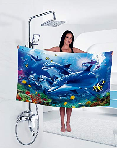 Tomifine Strandtuch Mikrofaser Badetuch Bedrucktes Delfin und Unterwasserwelt Badetuch Weichheit Saugfähigkeit (70 x 150 cm,Delfin b)
