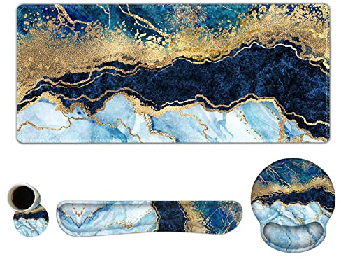 ARTSO Großes Mauspad Ergonomische Tastatur Handgelenkauflage Set Memory Foam Gel Handgelenkpolster Erweiterte Schreibtischmatte Schutz, Rutschfester Schreibtisch Blotter, Blau Marmor
