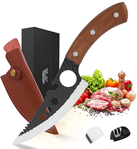 Kavkaz Coffret Viking 4 pièces Couteau Cuisine Forgé à la Main en Acier Inoxydable et Bois de Rose/Couperet Chasse et Pêche Camping/Bbq ou Boucher De Style Chef Japonais Inclus Aiguiseur