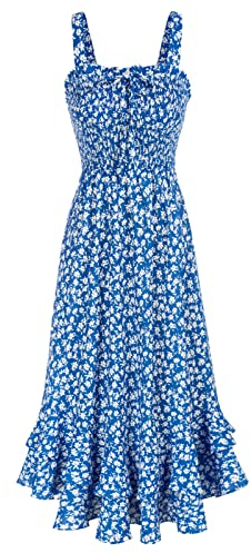 GRACE KARIN Kleid Hochzeitsgast Damen Geblümt Kleid Casual Freizeitkleid Böhmisch Maxikleid Strandkleider Ärmellos Cocktailkleid 2XL Blau-Weiß Blume