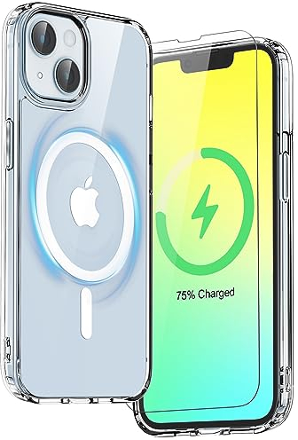 ORETECH Designed for iPhone 13 Case, iPhone 14 Clear Case Magnetic Compatible with Magsafe and 2 x Screen Protector Anti Yellowing Ultra Slim Thin Shockproof Clear Back Phone Case Cover 6.1'' - Clear